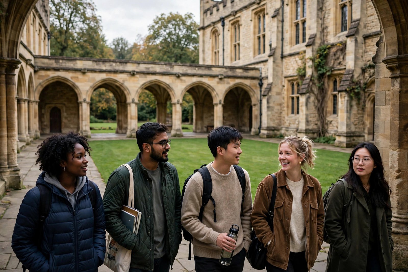 Postgraduate students walking through a historic UK university quadrangle while researching fully funded scholarships in UK