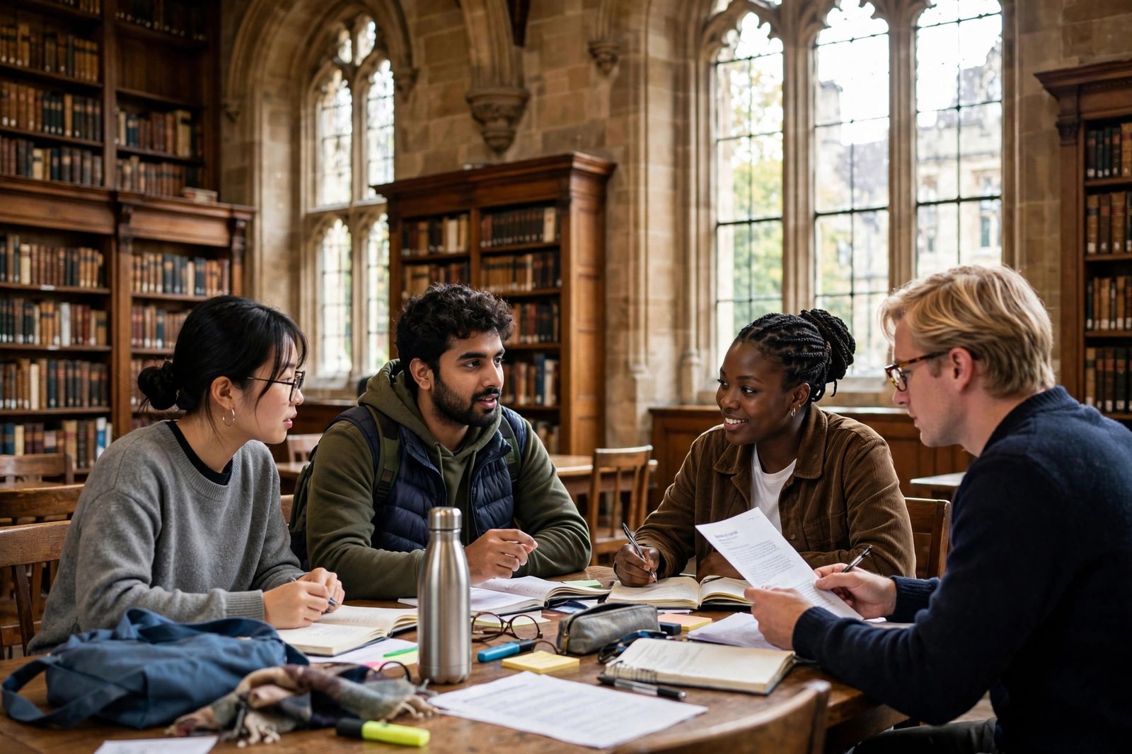International scholars studying together in a UK university library on fully funded scholarships in UK
