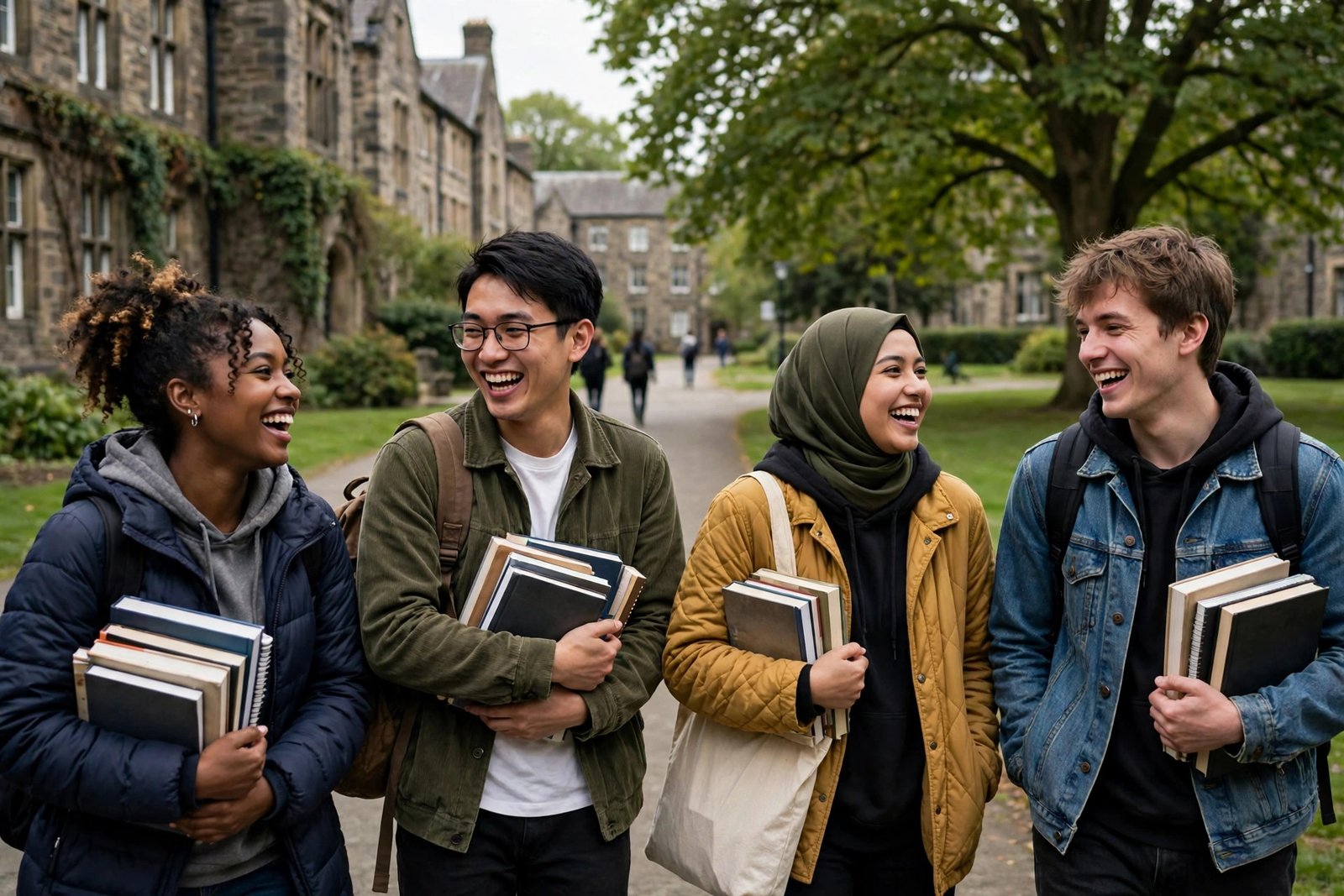 Undergraduate students walking between lectures on a green UK campus funded by bachelor's scholarships in UK