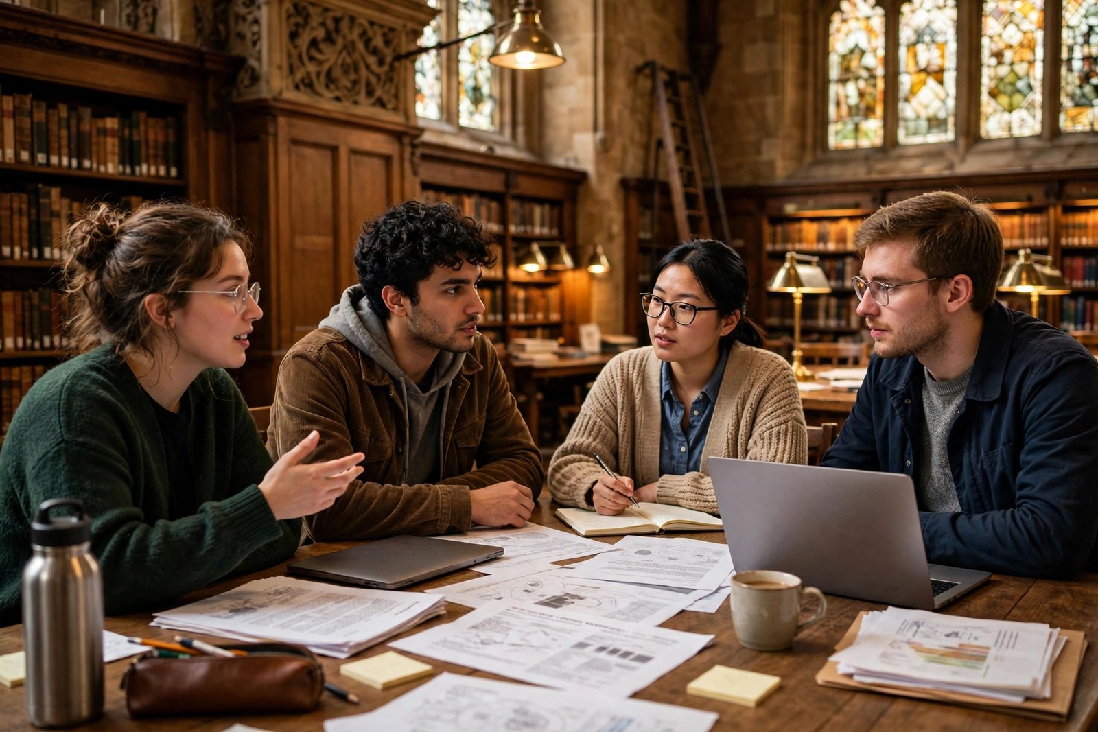 Doctoral students discussing PhD scholarship research plans in a UK university library