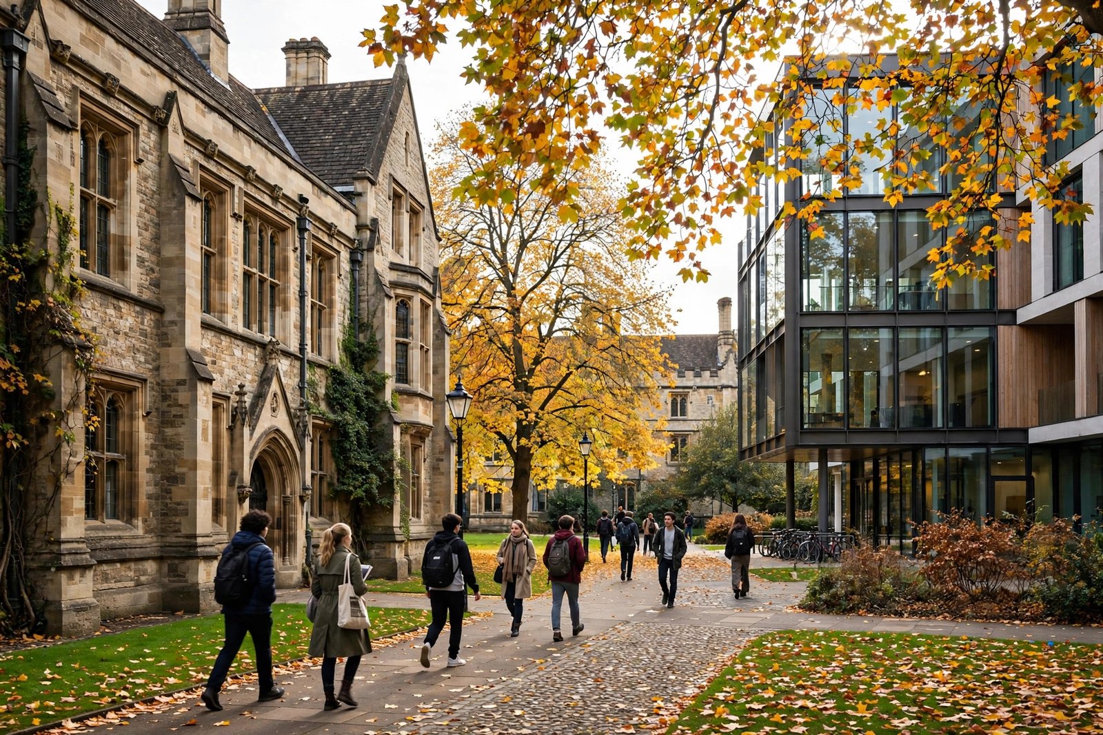 British university campus in autumn welcoming students admitted without IELTS