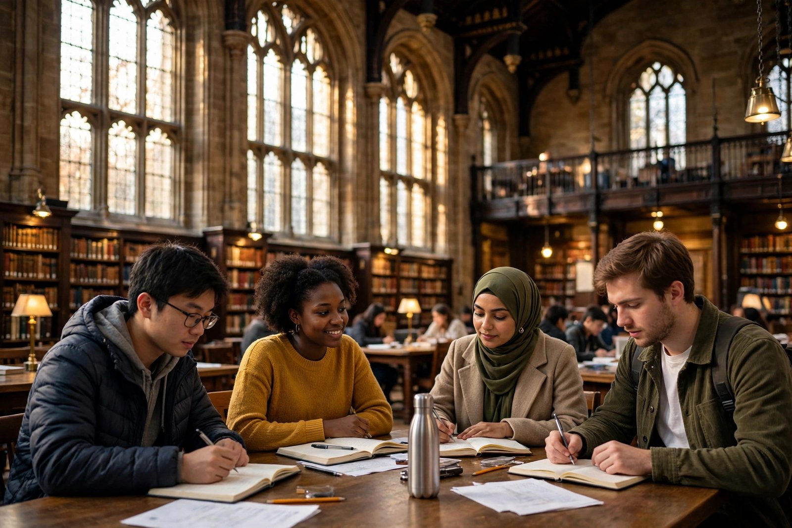 Students studying together in a UK university library after winning scholarships in the UK