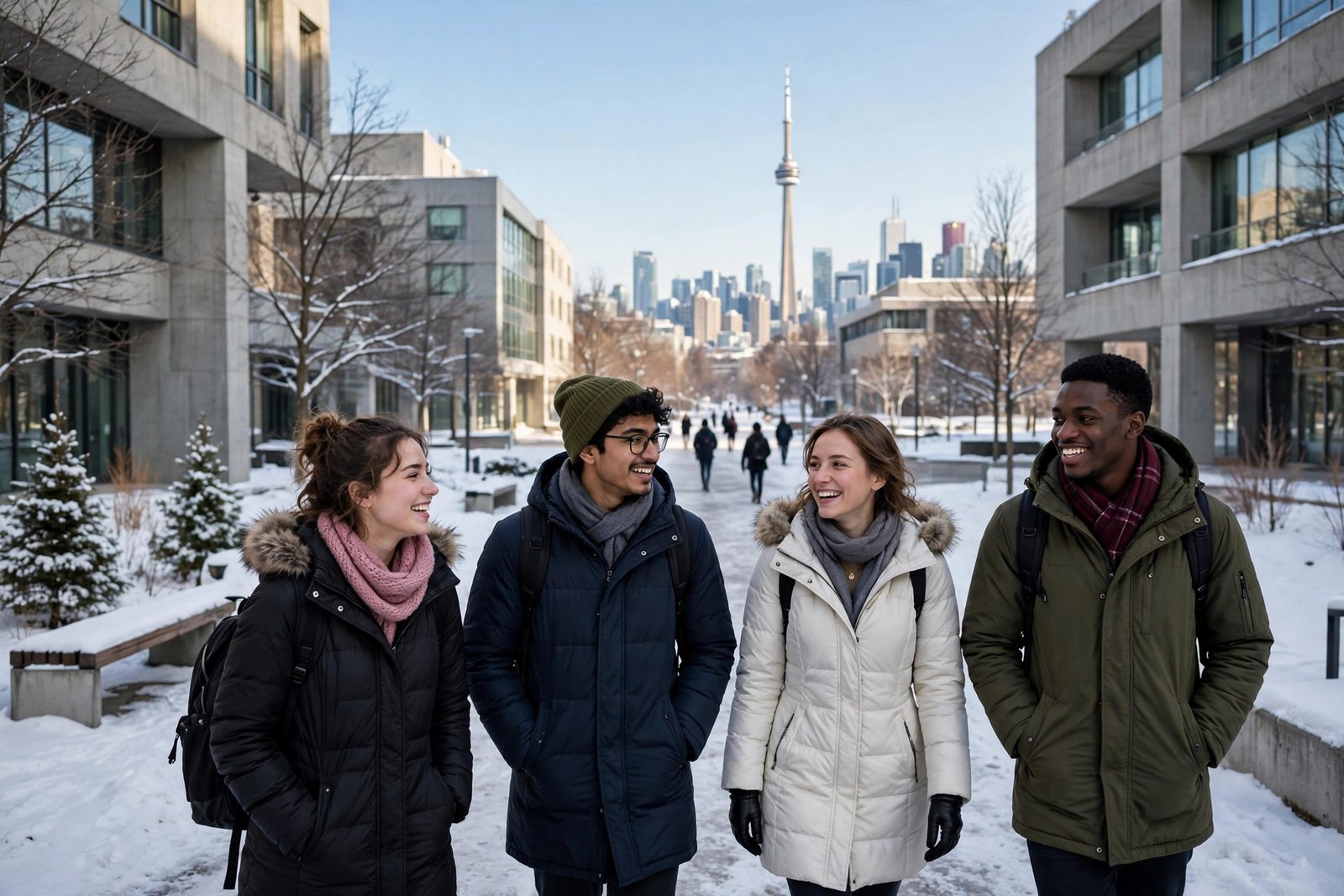 International students in winter on a Canadian university campus researching scholarships in Canada for international students 2027