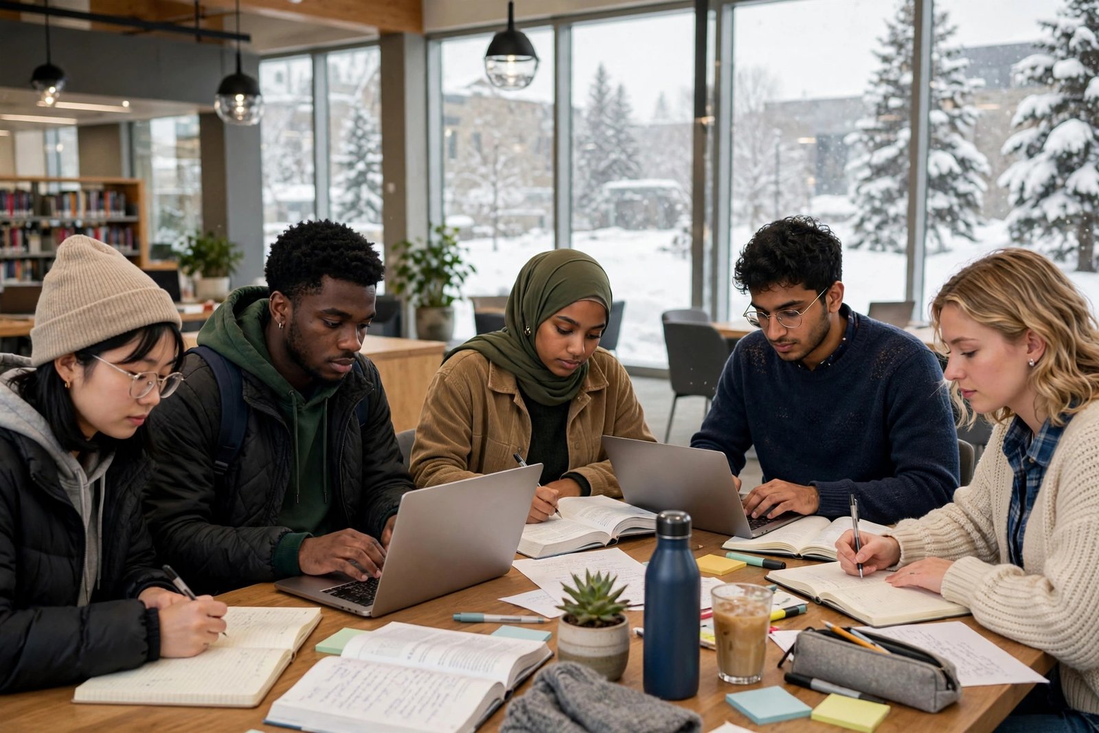Graduate students studying in a Canadian university library while planning scholarship applications