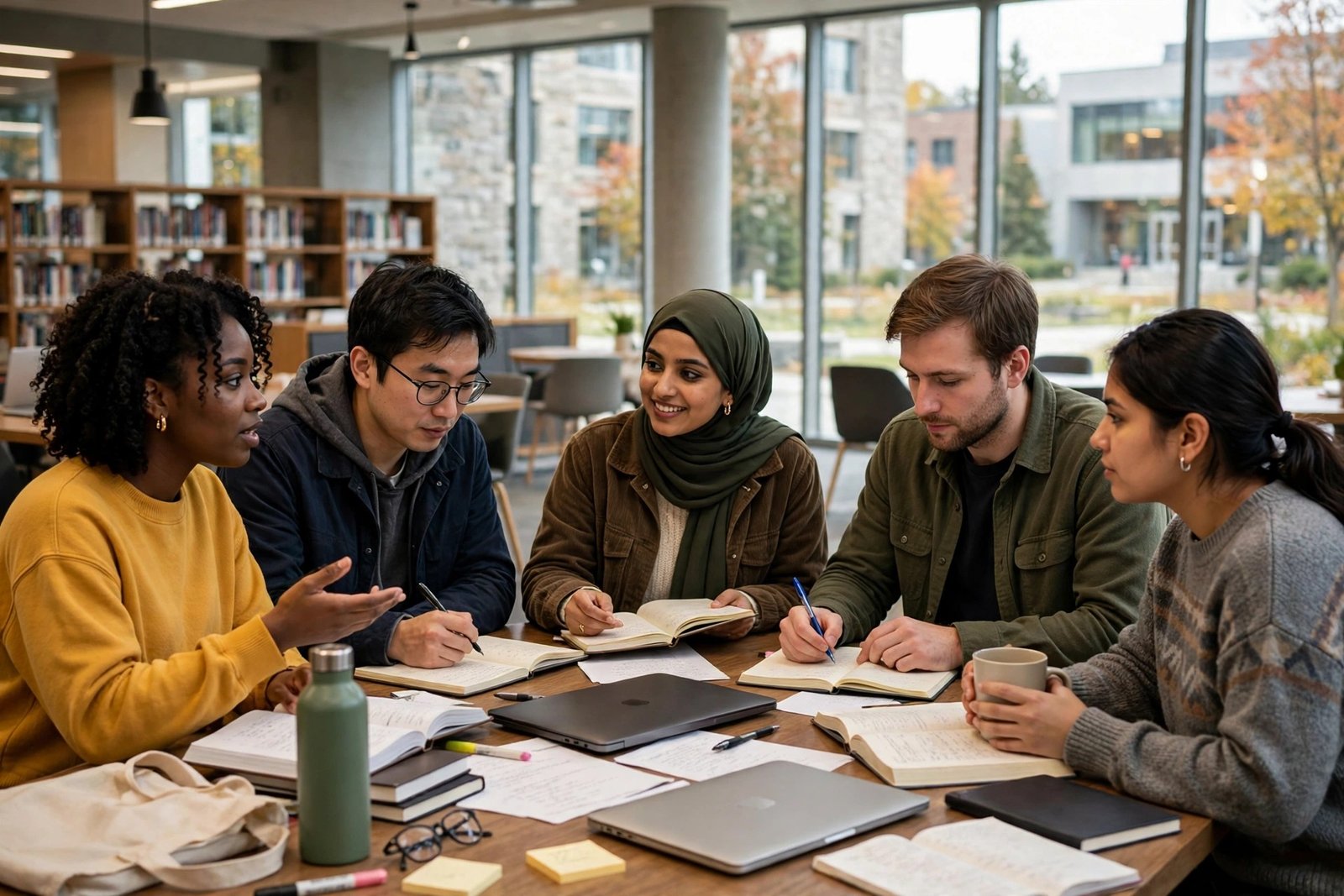 Master's students collaborating at a Canadian university library while researching scholarships in Canada