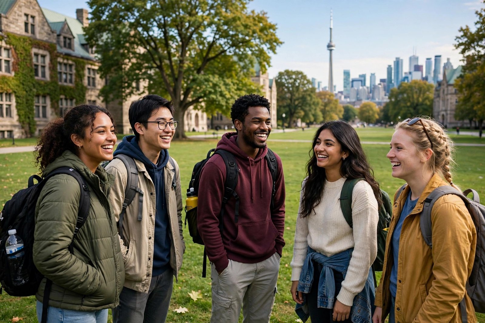 Undergraduate students on a campus lawn in Toronto applying for undergraduate scholarships in Canada
