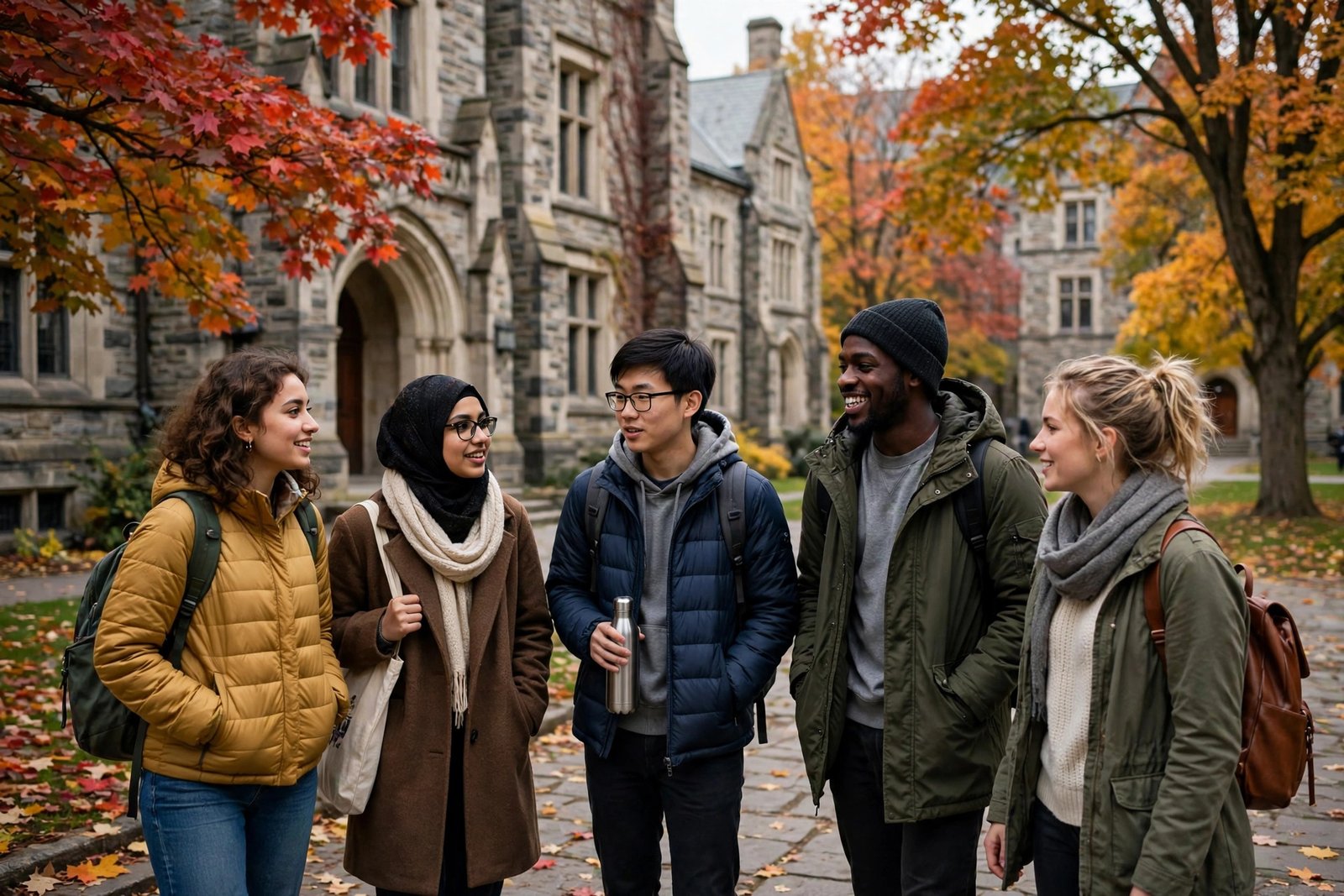 International students on a Canadian government scholarship exchange walking across a historic university campus in Canada