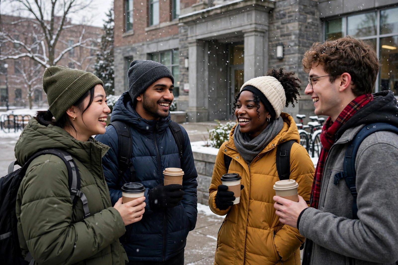 International students outside a Canadian college in winter after admission with Duolingo English Test scores