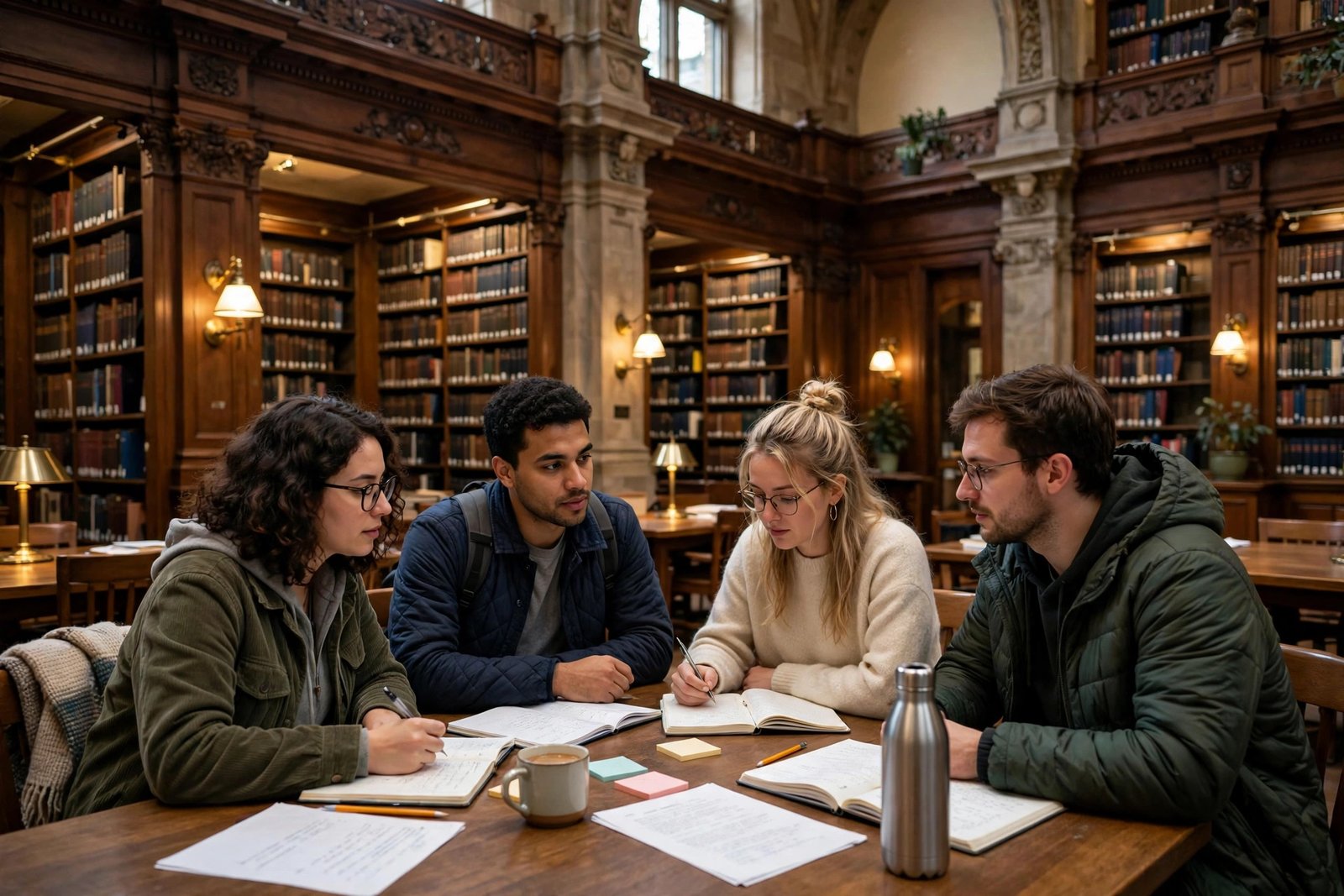 Postgraduate students researching in a Canadian university library while applying for postgraduate scholarships in Canada