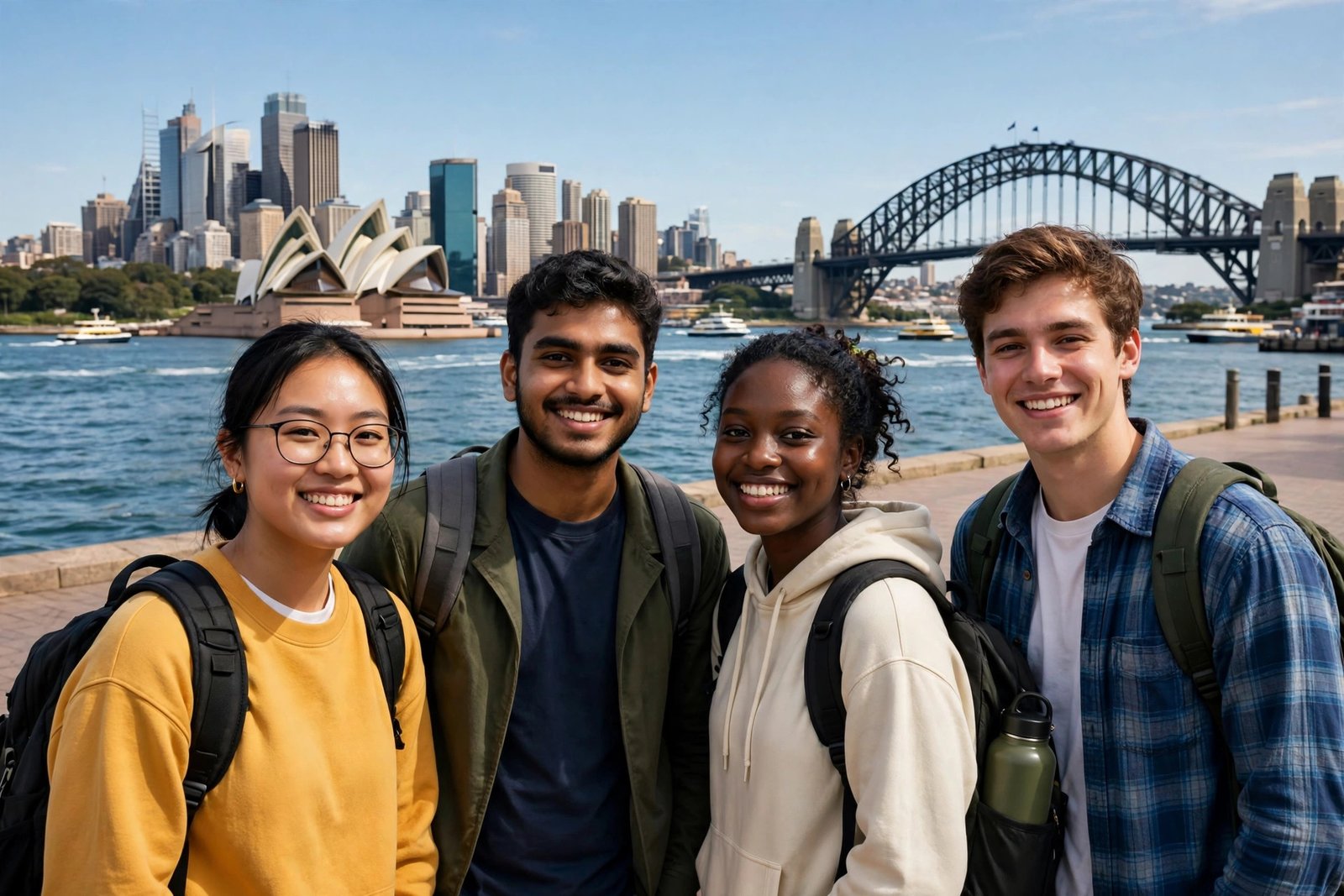 International students by the Sydney harbour skyline exploring fully funded scholarships in Australia