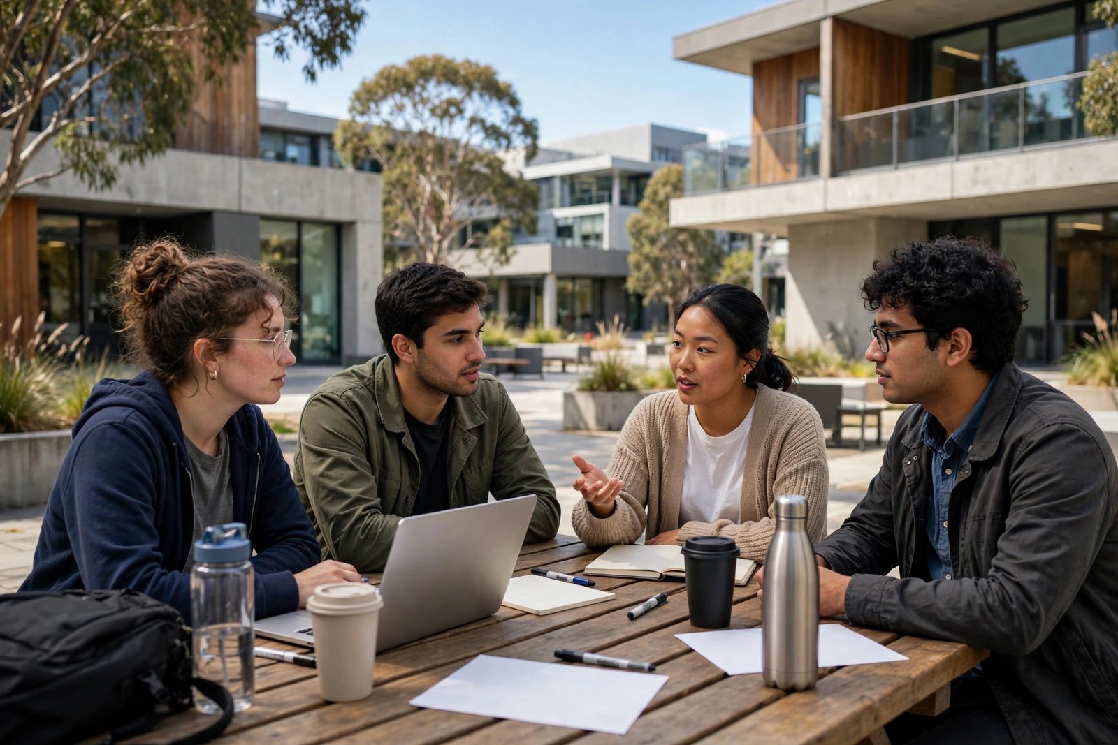 Master's students collaborating on an Australian university campus while researching master's scholarships in Australia