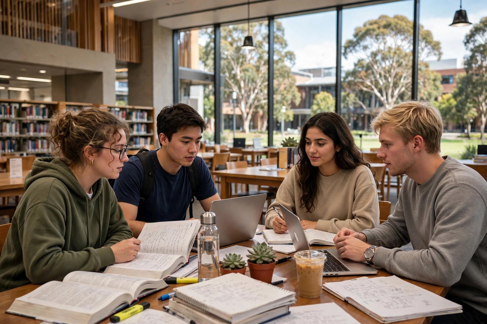 Undergraduate students studying together in an Australian university library while preparing scholarship documents