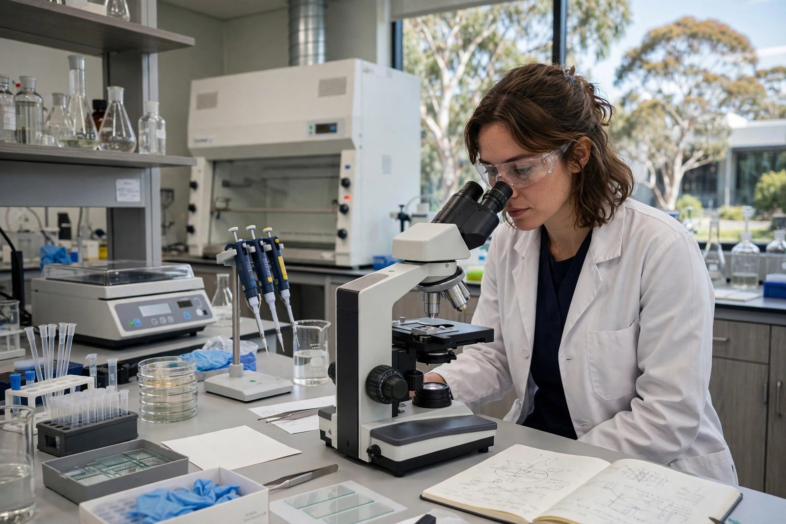PhD candidate conducting research in a modern Australian university laboratory