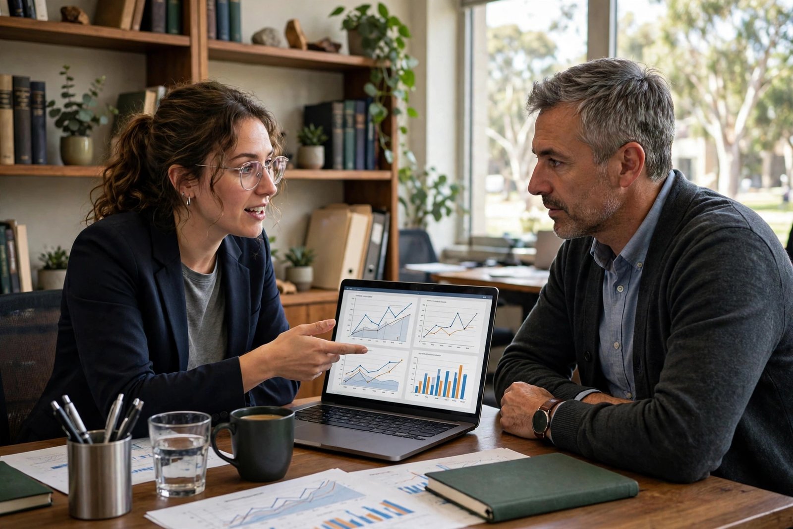 PhD researcher discussing a research proposal with a supervisor at an Australian university