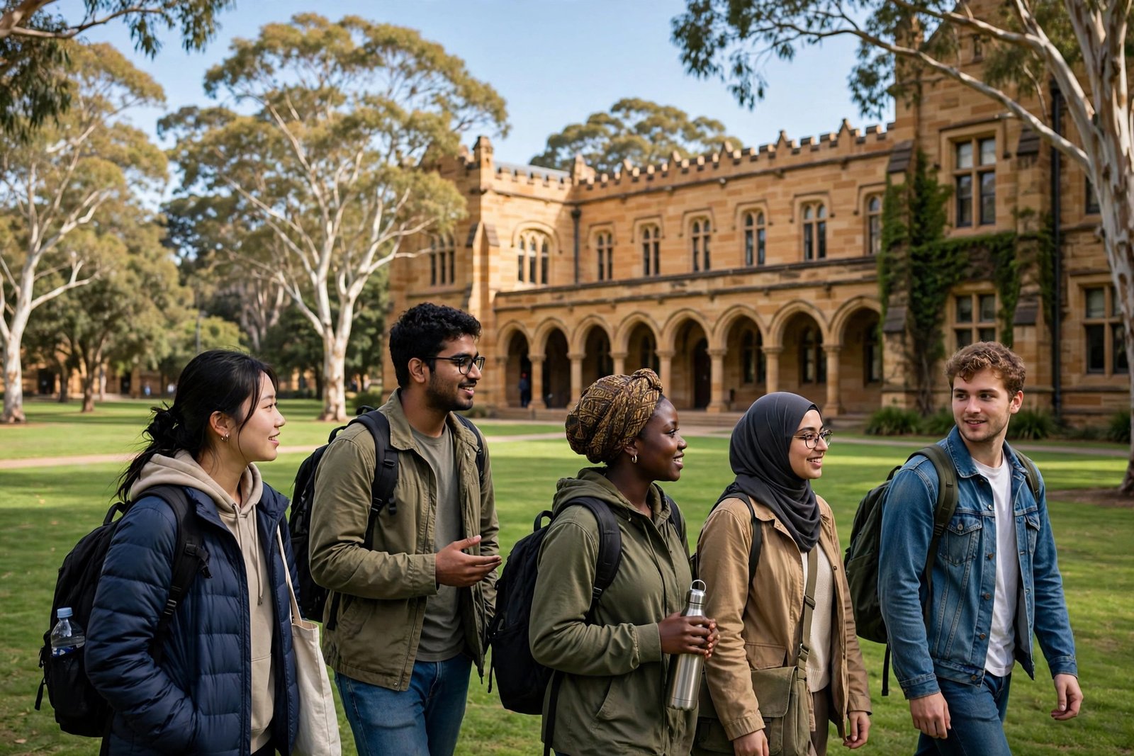 International scholarship students walking across an Australian university campus lawn