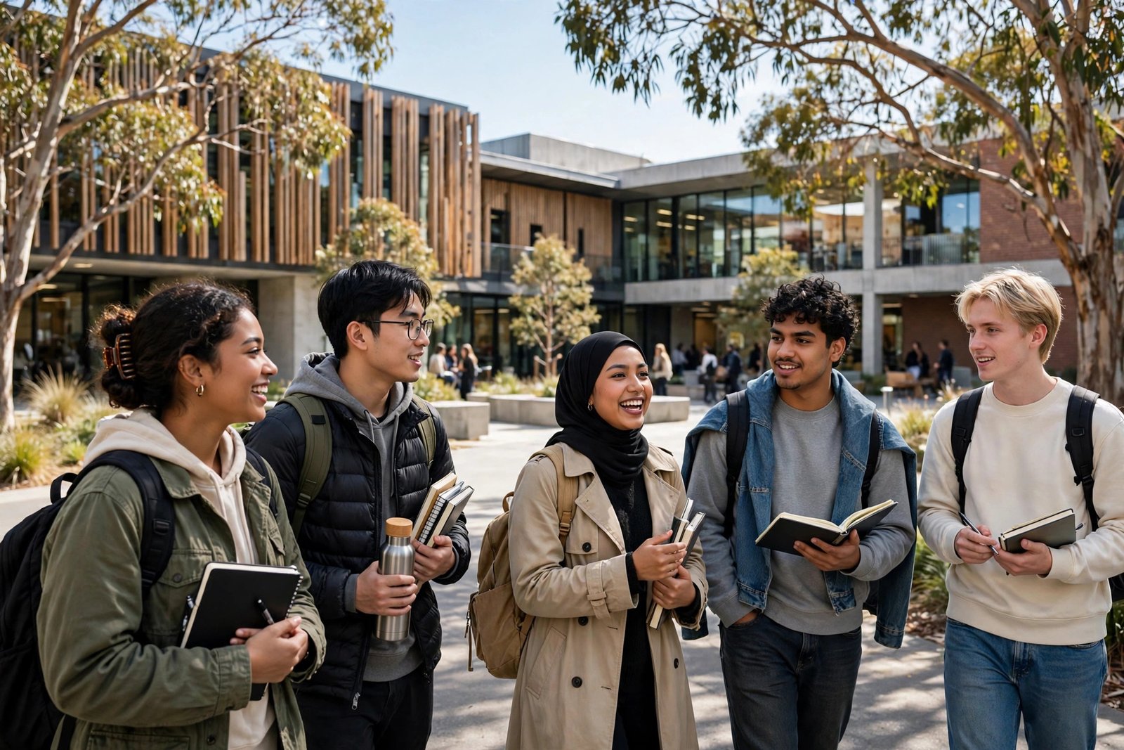 Students on an Australian university campus discussing scholarship applications without IELTS