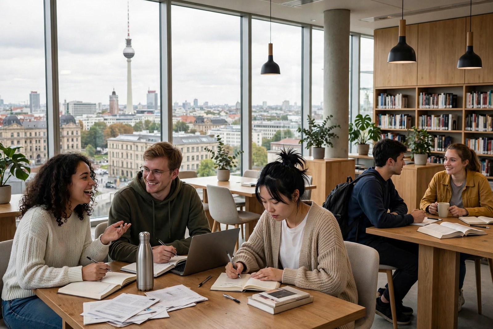 Students studying in a modern German university library in Berlin on scholarships in Germany