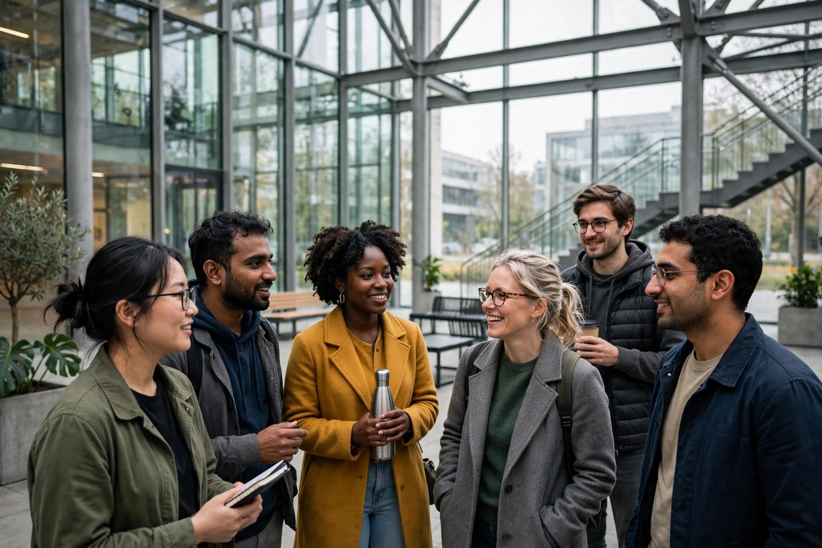 International researchers and postgraduate students at a modern German university campus building