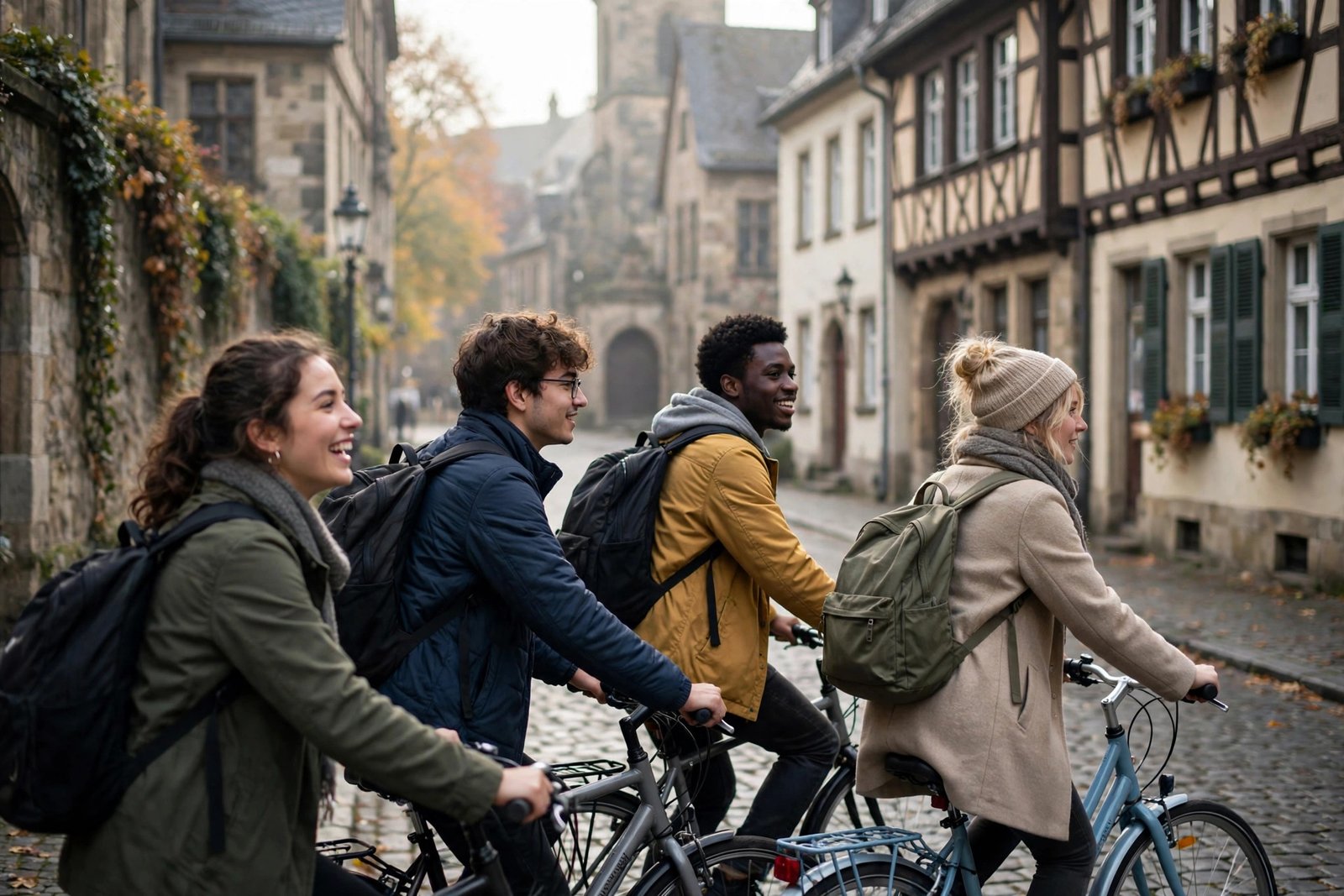 International students cycling through a historic German university town
