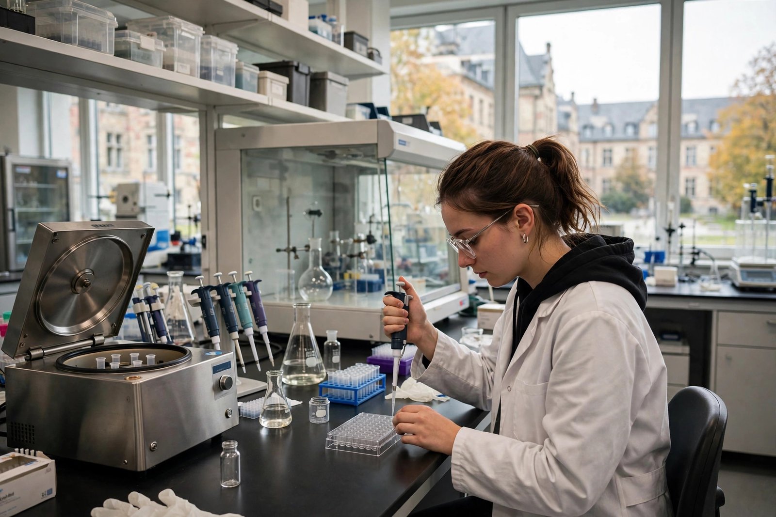 Graduate researcher working in a modern laboratory at a German university