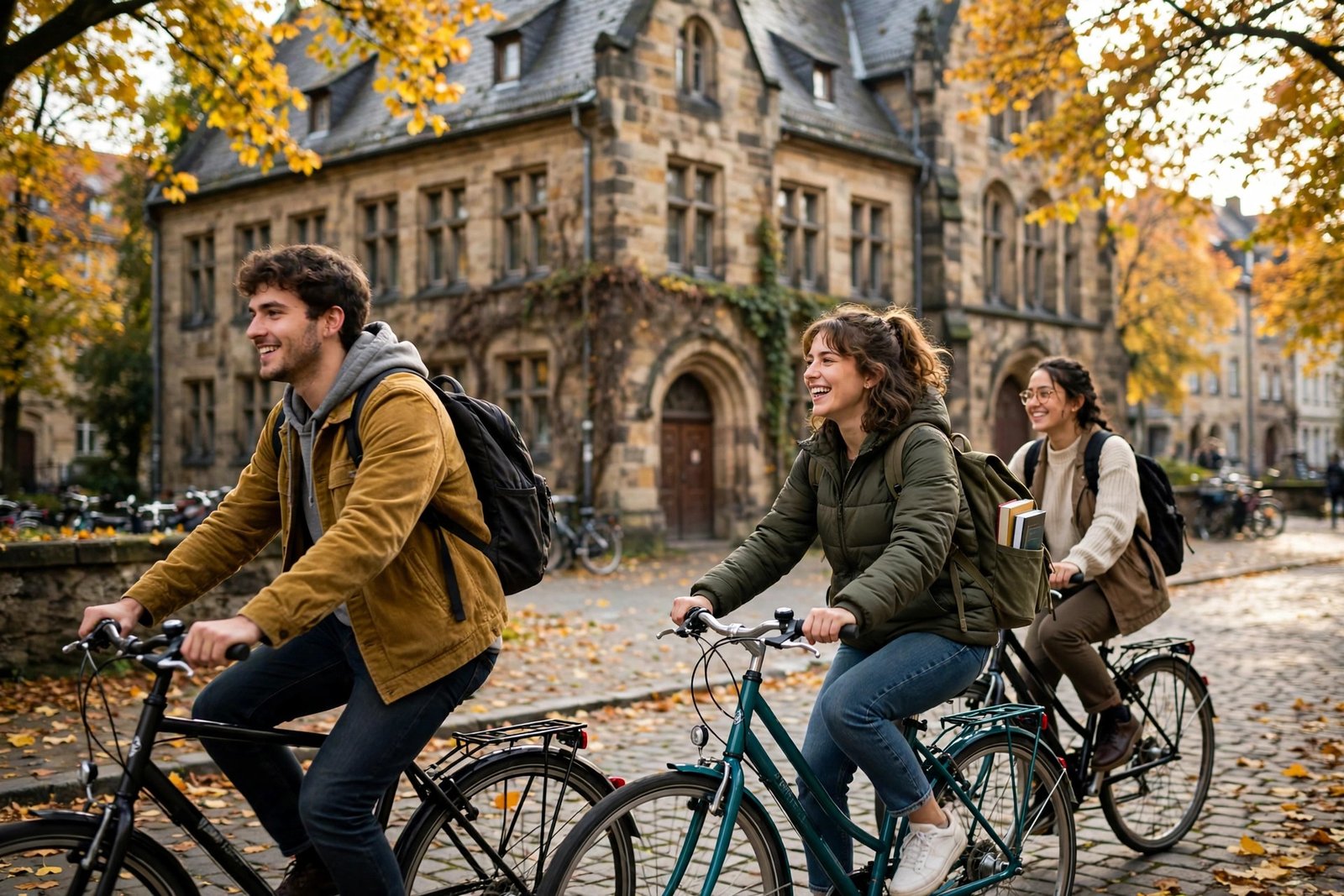 Undergraduate students cycling past a historic university building in a German university town