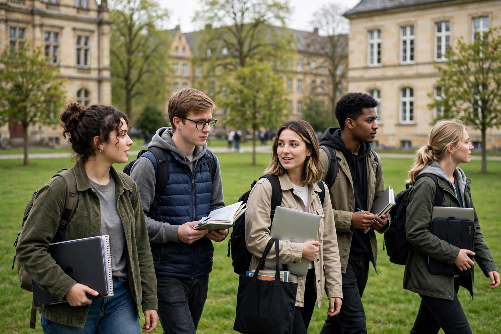 First-year undergraduate students walking across a German university campus