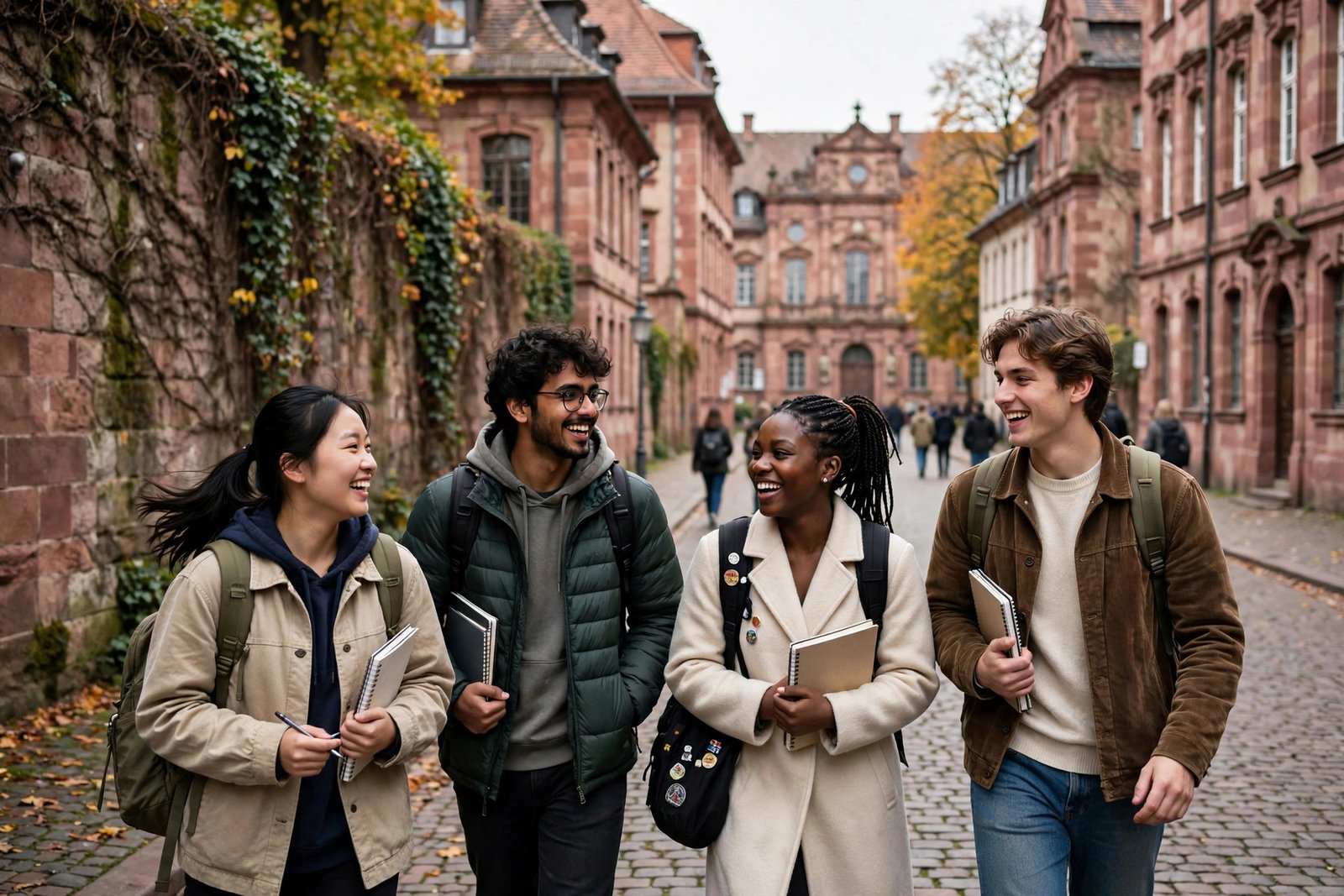 International students walking on a historic German university campus in Heidelberg