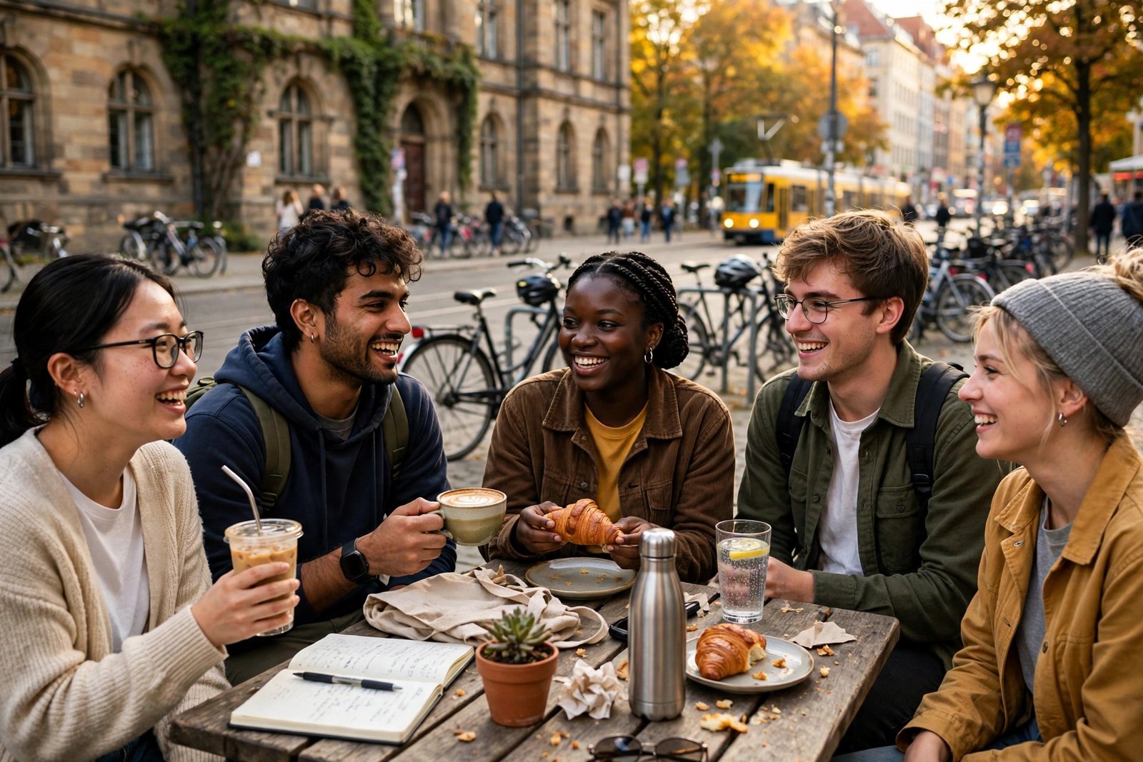 International students walking across a German university campus in spring while researching scholarships in Germany