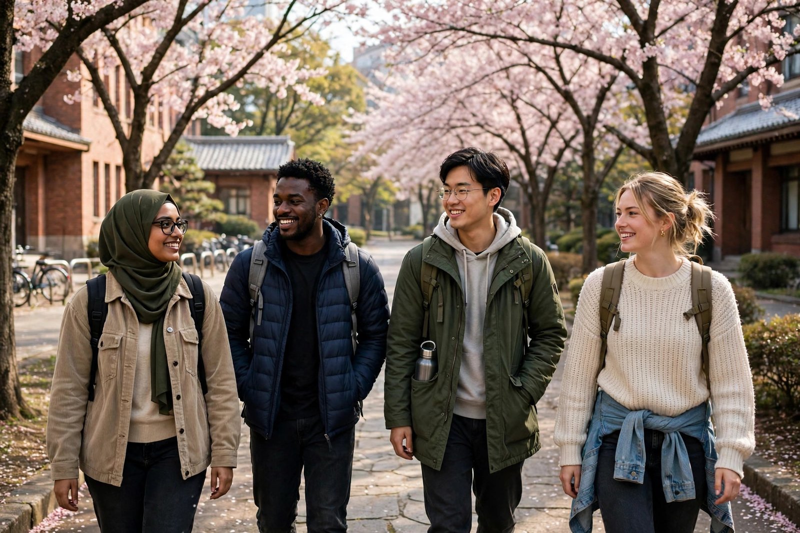 Graduate students on a Tokyo campus with cherry blossoms, representing fully funded MEXT scholarships in Japan