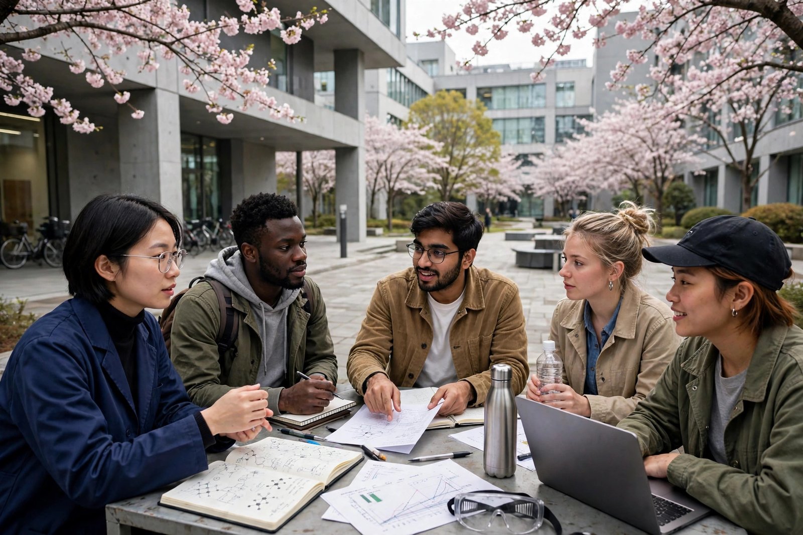 Graduate researchers at a Japanese university in Tokyo discussing master's and PhD research on campus