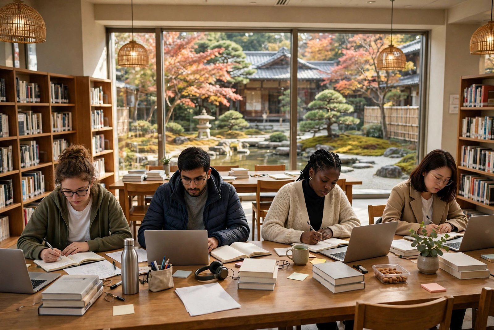 International graduate students studying in a Japanese university library while preparing master's and PhD research
