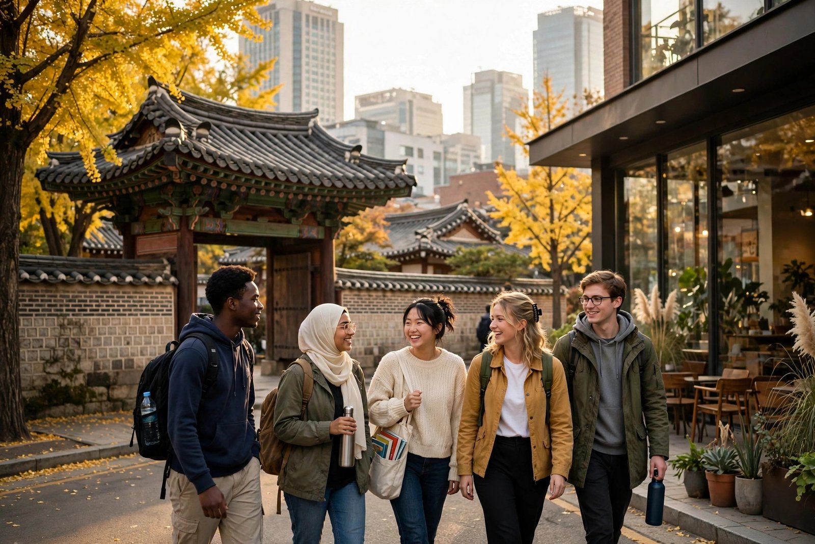 International students walking through a traditional and modern Seoul street scene near South Korean universities