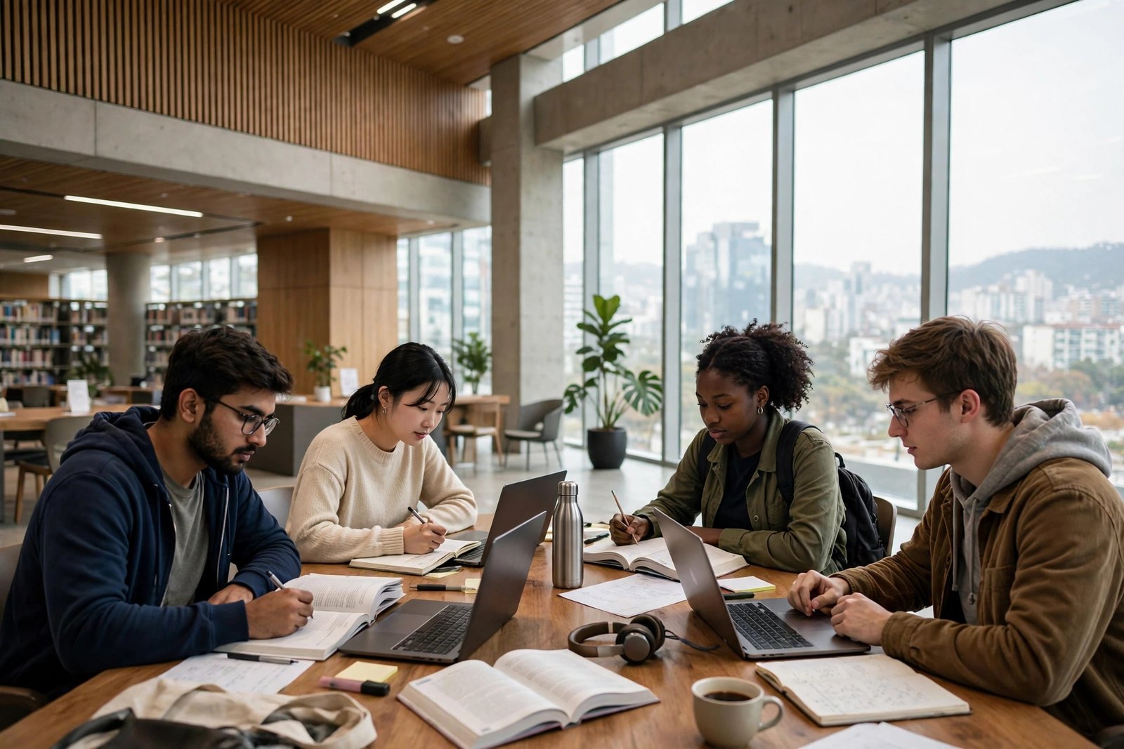 International graduate students studying in a Korean university library in Seoul on the fully funded GKS scholarship