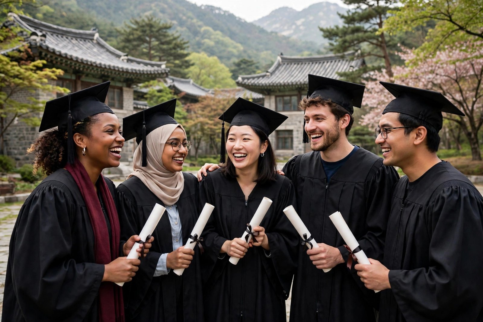 GKS scholarship students celebrating graduation on a Seoul university campus in South Korea
