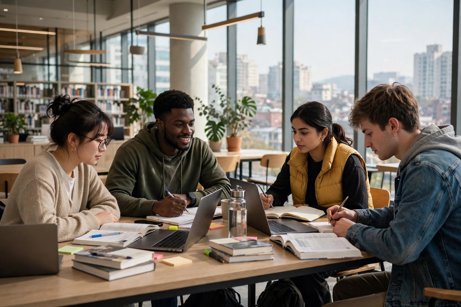 International undergraduate students studying together in a university library in South Korea