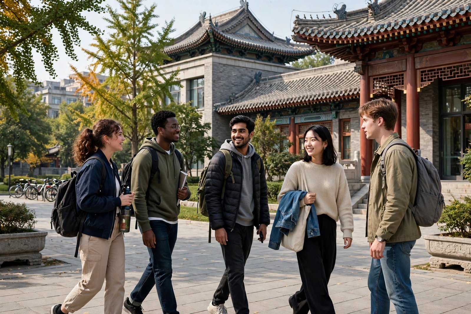 International students walking on a university campus in Beijing, China