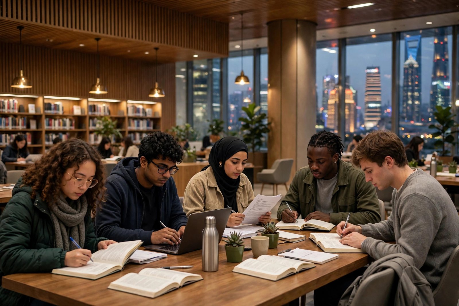 International students studying in a university library in Shanghai, China