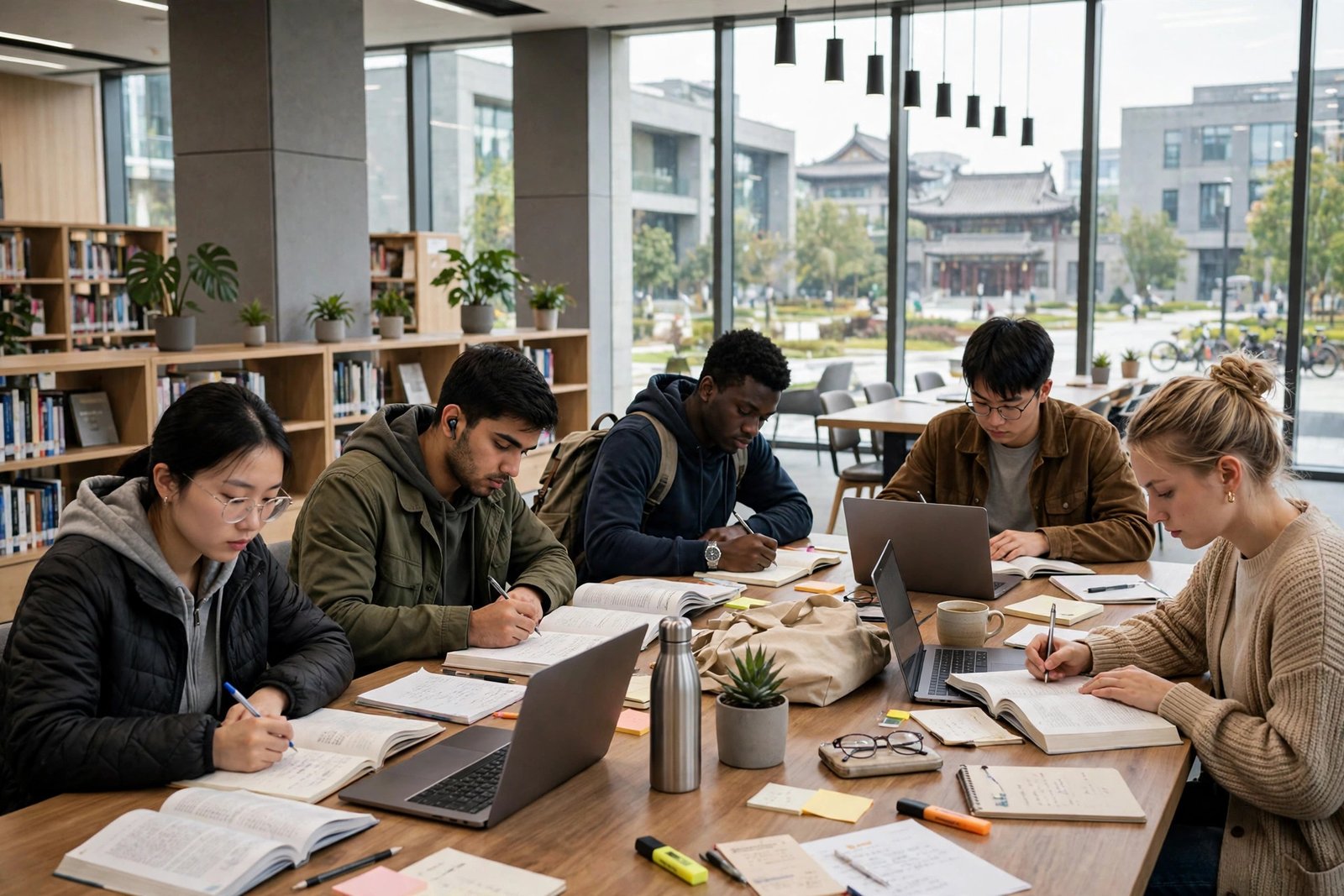 Students studying in a Chinese university library with modern campus architecture