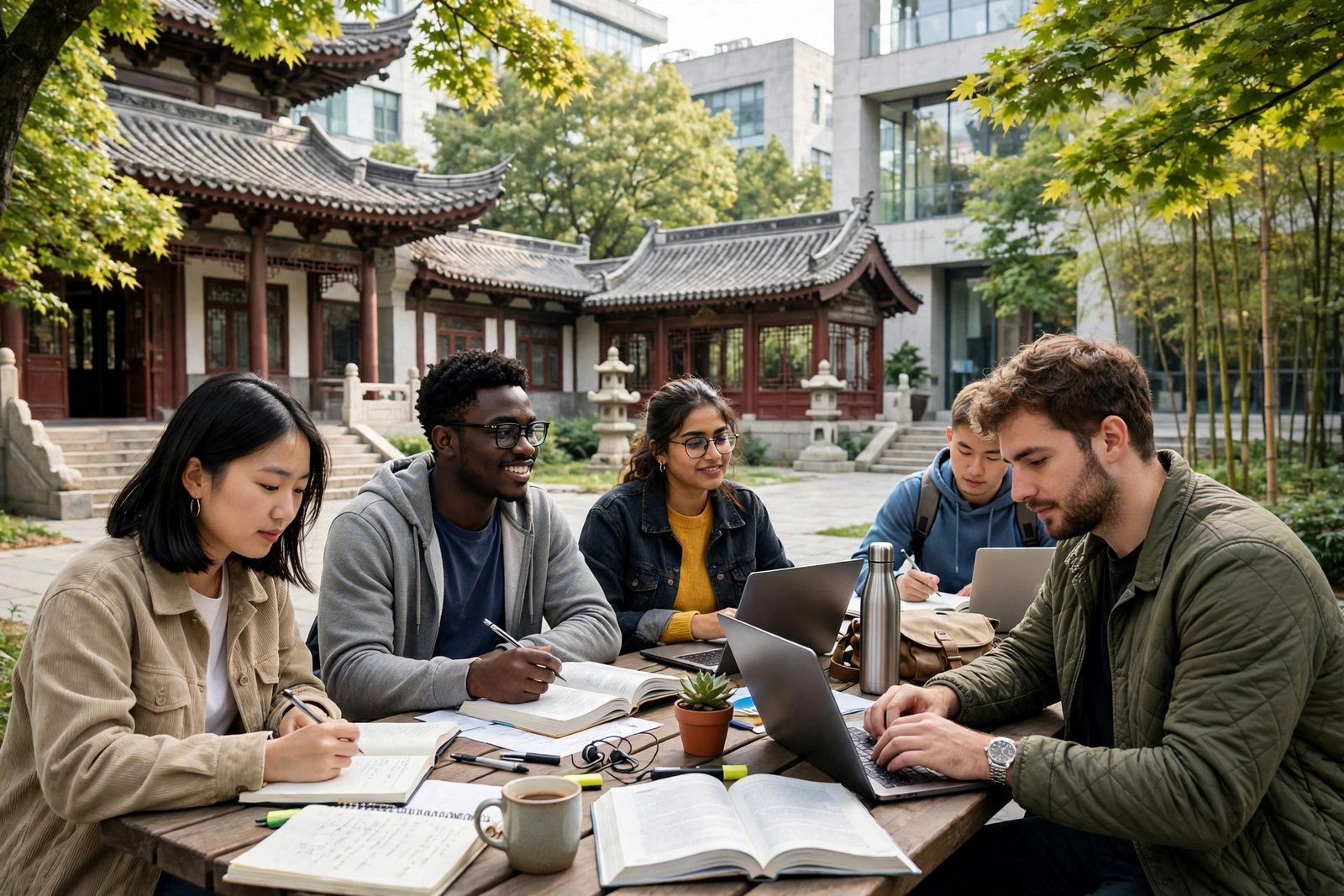 International students studying at a Chinese university campus without IELTS stress