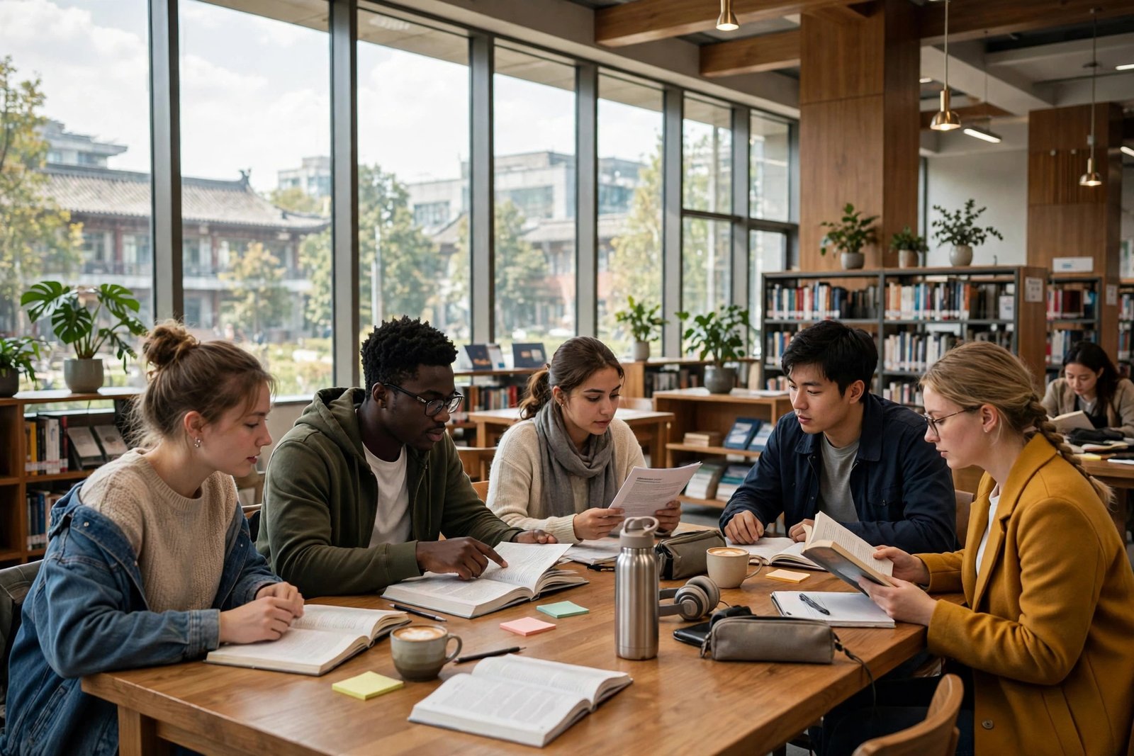 Students collaborating in a university library in China preparing scholarship applications