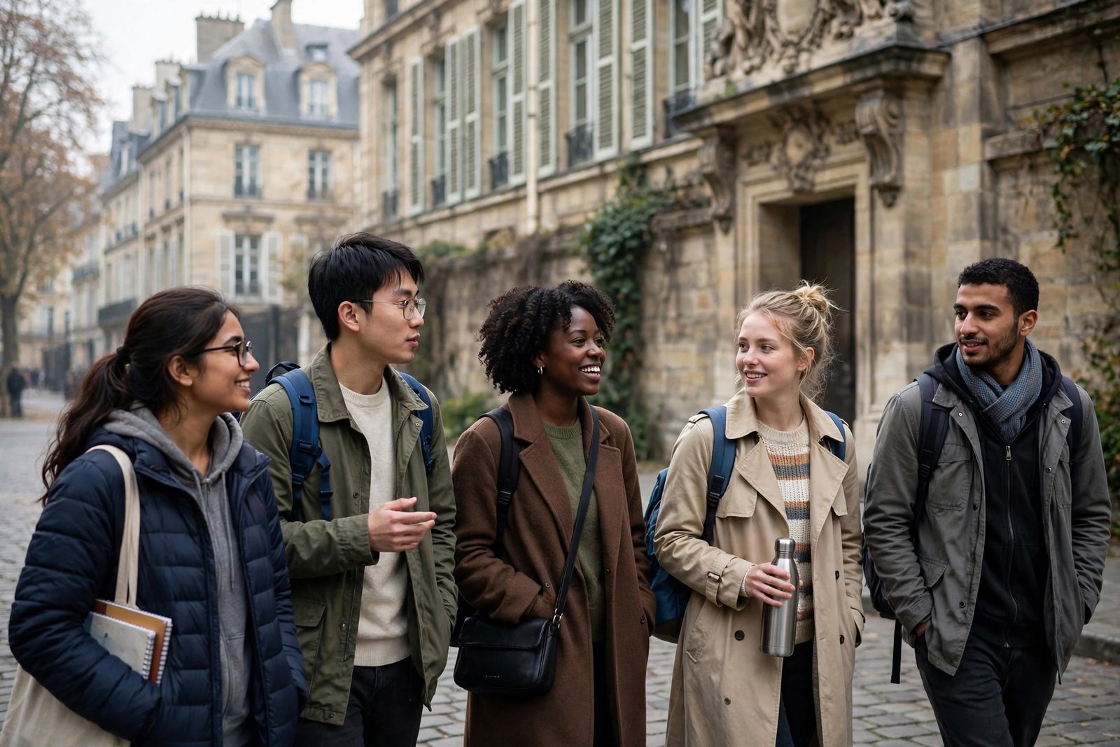 International graduate students outside a historic French university building in Paris, France scholarship guide