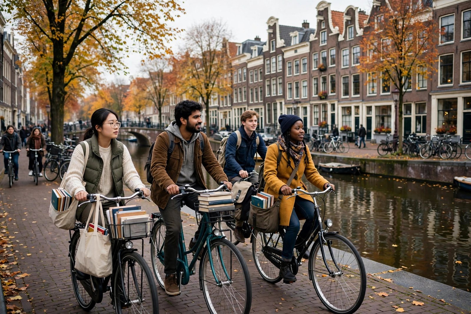 International students cycling along an Amsterdam canal in the Netherlands, scholarships for international students