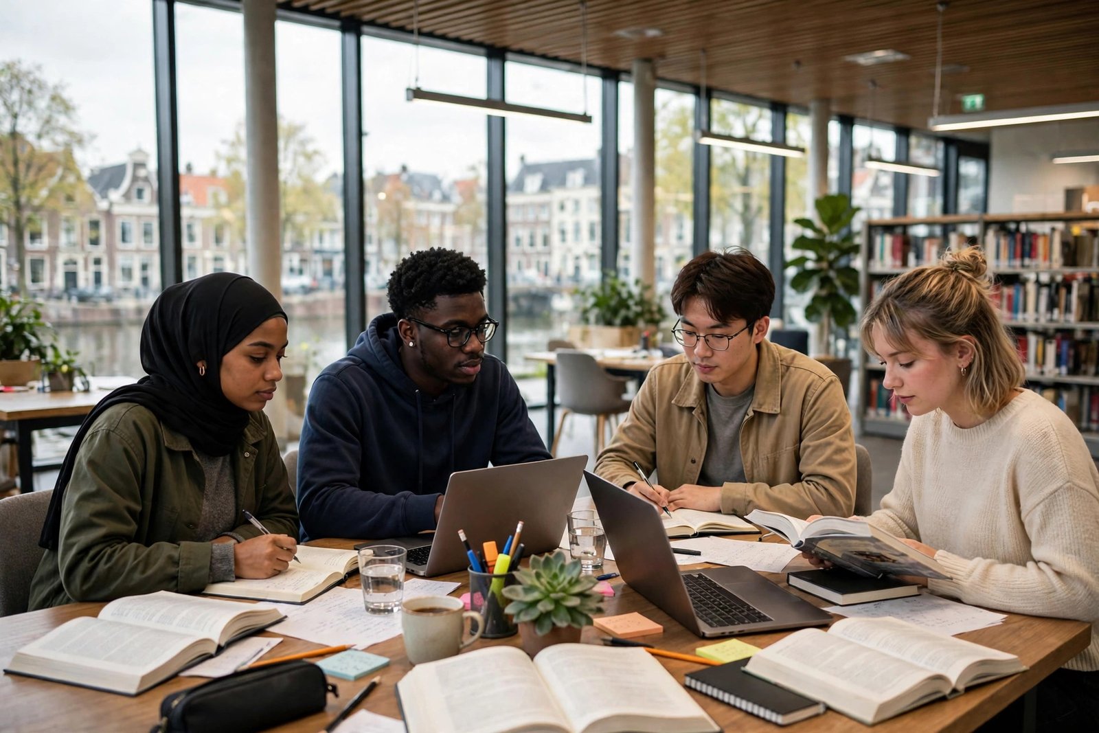 Students studying in a modern Dutch university library, Netherlands scholarships 2026/2027
