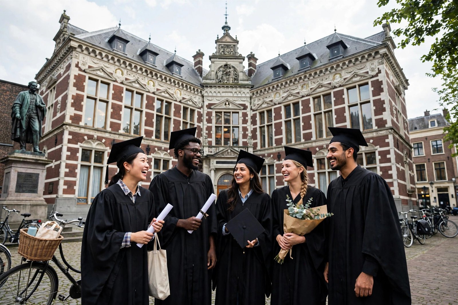 International graduates celebrating outside a historic Dutch university, funded PhD and master's Netherlands