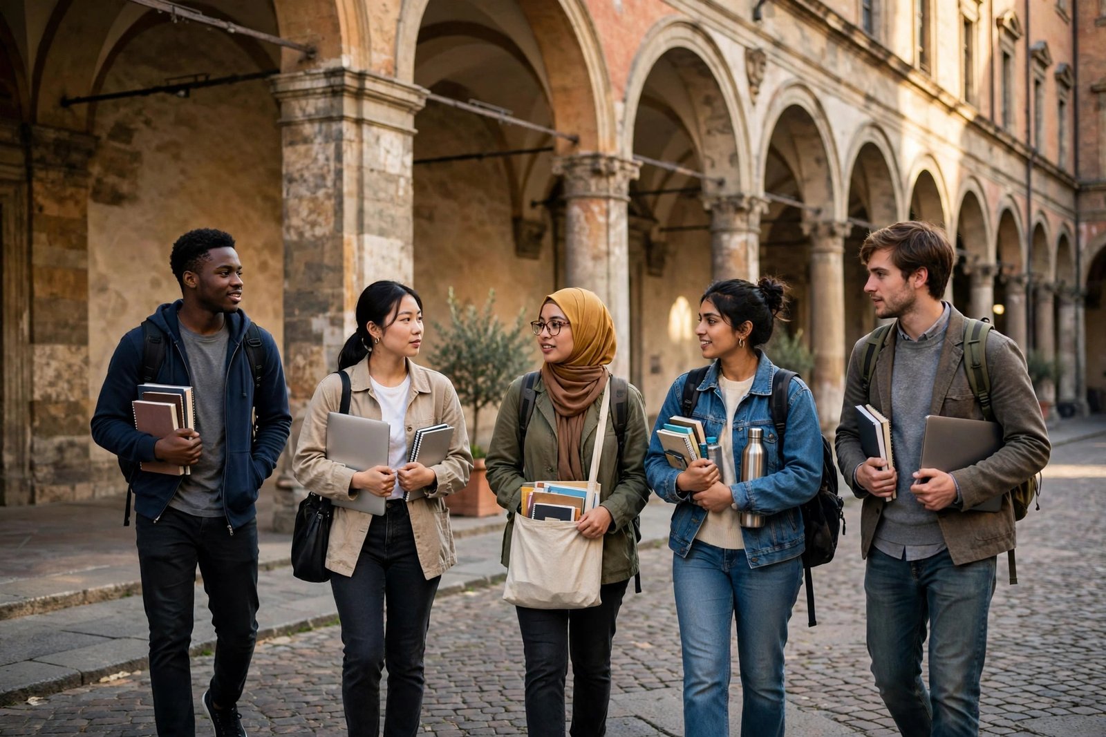 International students walking under historic porticoes in Bologna while researching scholarships in Italy