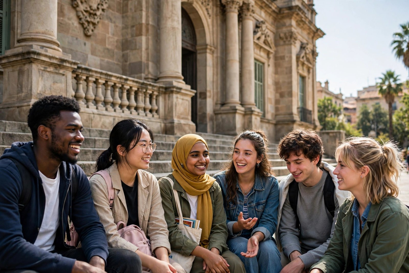 International students outside a historic university in Barcelona researching scholarships in Spain