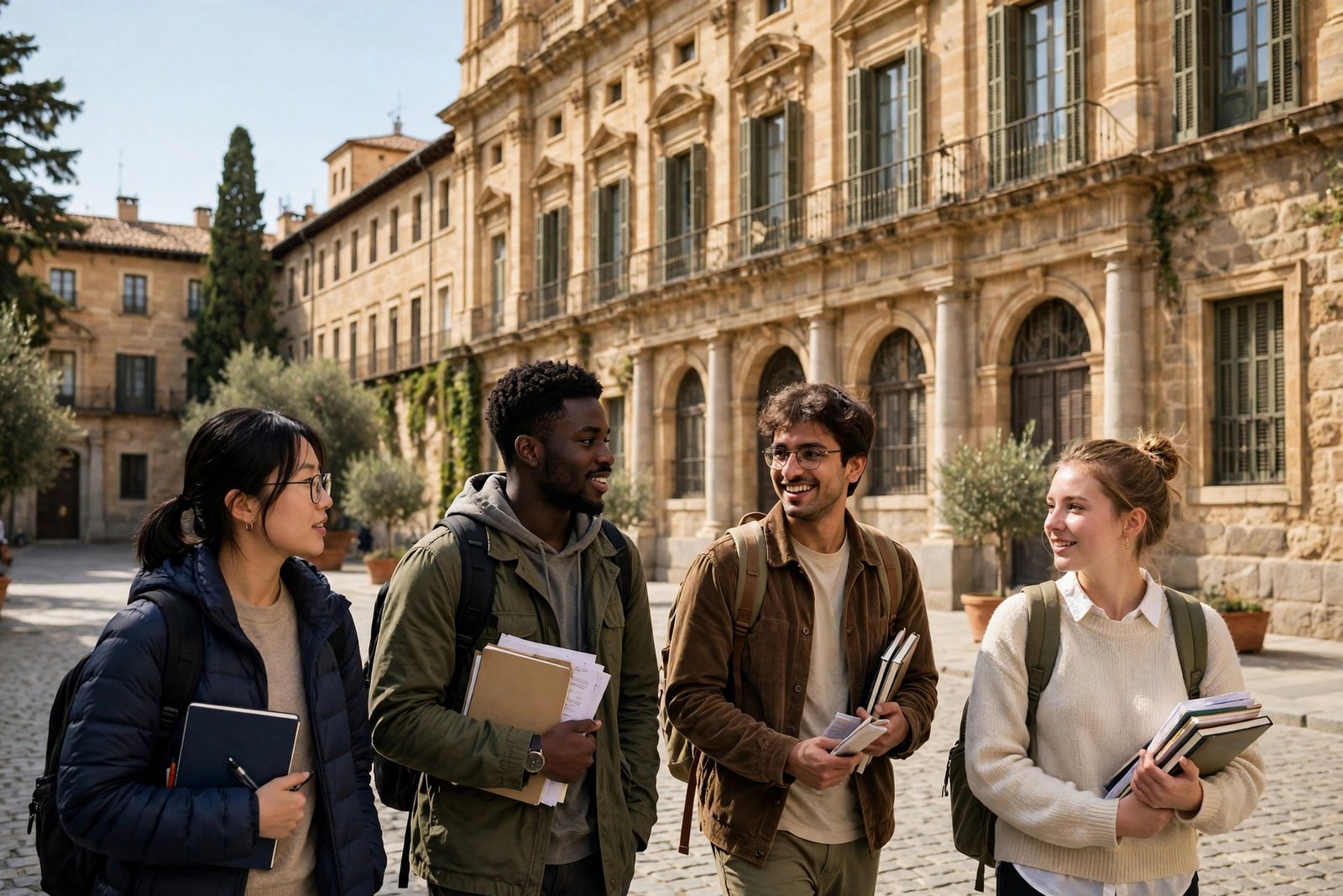International master's students in front of a historic Spanish university building applying for master's scholarships in Spain