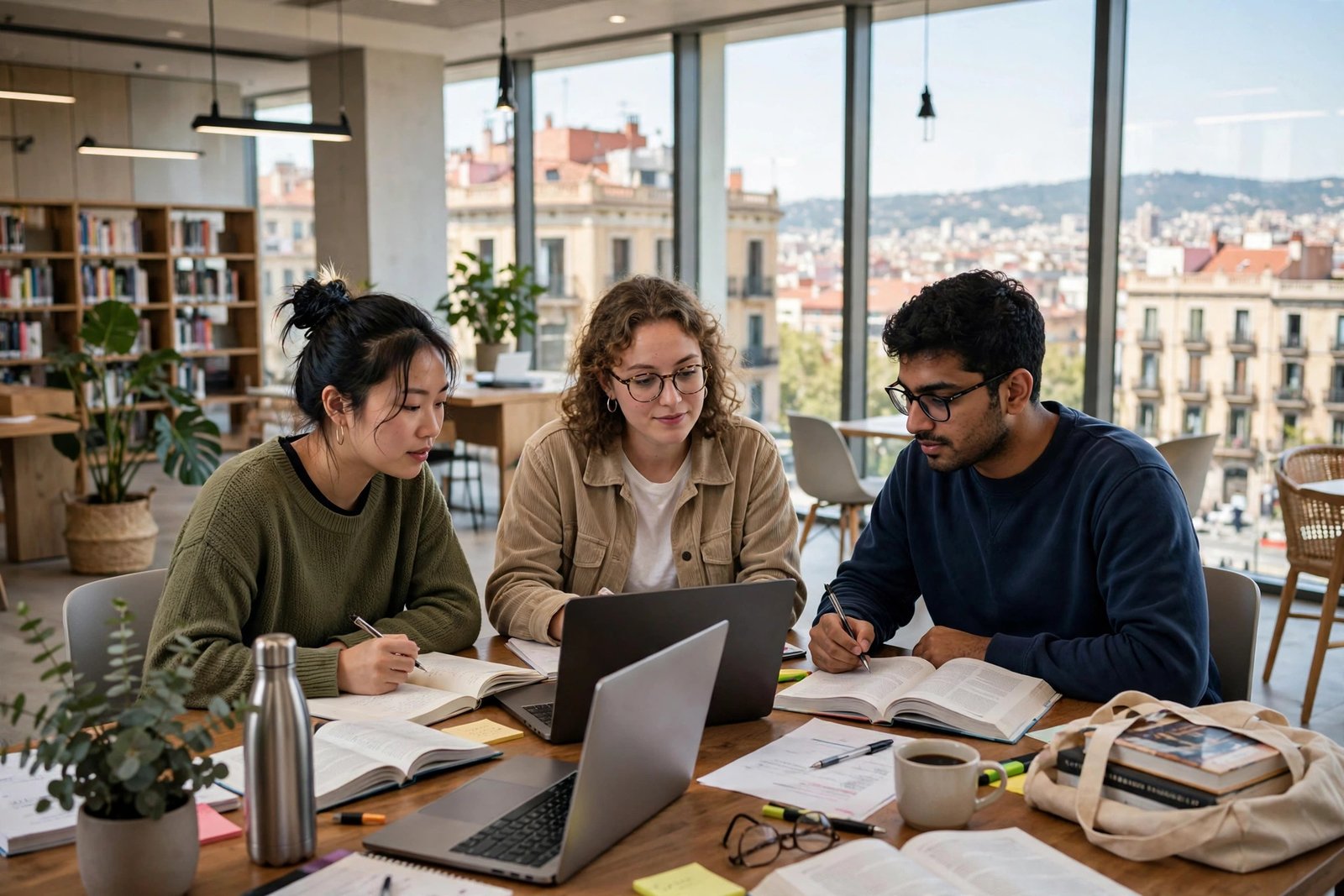 Graduate students studying together in a modern university library in Spain while planning master's scholarship applications