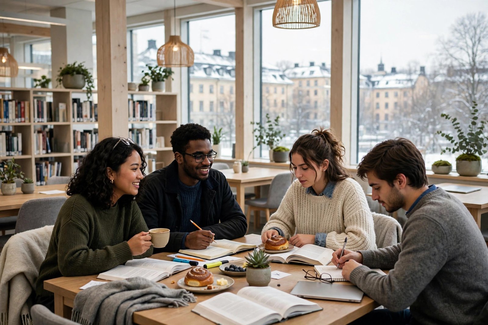 Students sharing a fika break while studying in a modern Scandinavian university library in Sweden