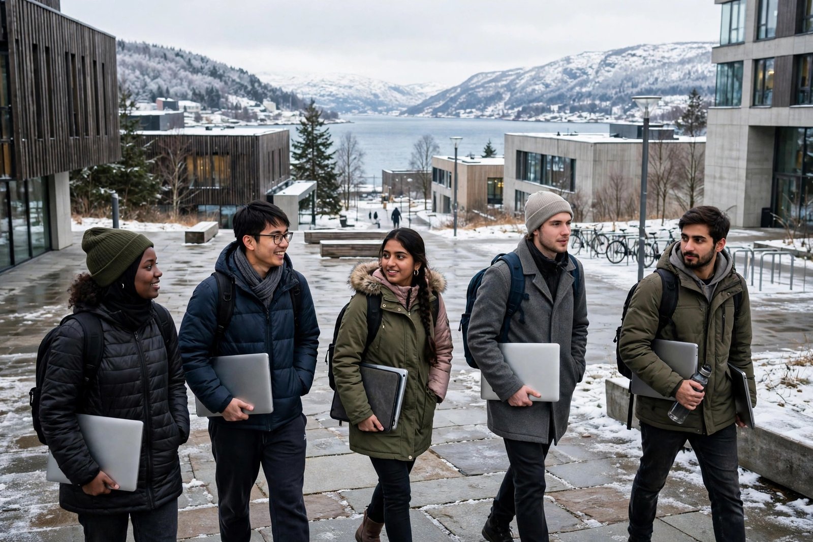 International students walking on a university campus in Oslo while researching scholarships in Norway